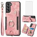 Phone Case for Samsung Galaxy S21 FE 5G Wallet Cover with Screen Protector and Wrist Strap Lanyard RFID Card Holder Ring Stand Cell Accessories S 21 EF S21FE5G UW S21FE 21S G5 6.4 inch Women Men Pink