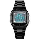ROSEBEAR Men's Digital Watch with Stainless Steel Strap, 30 m Waterproof Sports Electronic Digital Watch, Dual time Luxury Men's Small Golden Watch, LED Luminous, Black
