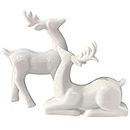 KiaoTime Porcelain Christmas Reindeer Figurines, Pack 2 Mini Animal Decor Deer Statues Sculpture Tabletop Ornaments for Cabinet Mantel Shelves Fireplace Home Décor Accents Collectible Figurines White