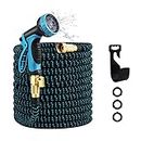 Expandable Garden Hose, Water Hose 100ft with 10 Function Nozzle, Flexible Hose with 3/4" Solid Brass Fittings, Extra Strength Fabric, Easy Storage Kink Free, Black & Blue