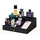 DMTINTA Wooden Cologne Organizer for Men 3 Tier of Elevated Cologne Display Shelf with Drawer Storage Perfume Organization and Storage Display Risers,Great Gift for Man Black