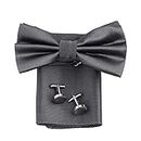 Fobhiya International Men's Microfiber Butterfly Shape Bow Tie with Pocket Square & Cufflinks Set (Grey)