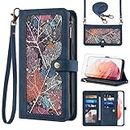 Phone Case for Samsung Galaxy S22 5G Wallet Cover With Tempered Glass Screen Protector and Crossbody Wrist Strap Leather Flip Pattern Zipper Credit Card Holder Stand Cell S 22 22S 4G G5 6.1 inch Blue