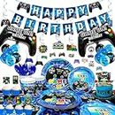Blue Video Game Party Supplies-213pcs Gaming Party Decorations&Video Game Tableware Set for Boys Kids Includes Video Game Party Plates Cups Napkins Tablecloth Banner Balloons Cake Topper etc...