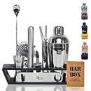 Bar Box Black Wood Stand - 14-Piece Home Bartending Kit and Martini Cocktail Shaker Set with Peg Measurers, Muddler, Bottle & Wine Opener Stylish Black & Silver Bar Accessories and Bar Tools for Home