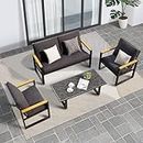 COVERONICS Outdoor 4 Pieces Aluminum Frame Furniture Set - Patio Modern Conversation Sofa Set, Garden Furniture Set with Single Chairs, Loveseat & Coffee Table for Balcony, Backyard, Poolside