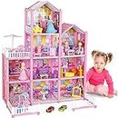 deAO Puppenhaus Traumhaus für Mädchen, Dollhouse Stadthaus mit Spielzeugfiguren und Möbelstücken Zubehör, Traumhaus Spielhaus DIY BAU Spielraum Puppen Spielzeug für Kinder ab 3 Jahren