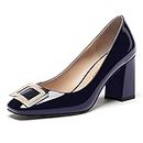 WAYDERNS Women's Navy Blue Slip On Patent 3 Inch Gold Metal Buckle Block High Heel Square Toe Pumps Shoes Size 9.5 - Tacones Bajos de Mujer