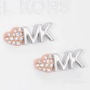 Michael Kors Womens MK Logo Stud Earrings Pave Crystals Heart Silver Rose Gold