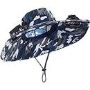 Sun Hat with 2 Fans Wide Brim Fishing Hats for Men and Women Summer UV Protection Fishing Boonie Hat Breathable Bucket Hat for Beach Garden Hiking Outdoor Sports, USB Charging Navy