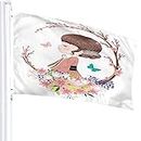 Floral Flag 3x5 FT Cute Praying Japanese Girl with Flower Leaves Butterfly Outdoor Flags Large Welcome Yard Banners Home Garden Yard Lawn Decor