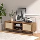Anmytek Farmhouse Rattan TV Stand for 65 Inch TV Rustic TV Console Table with 2 Rattan Doors Modern Entertainment Center for Living Room Bedroom H0033
