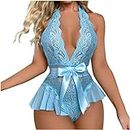 AMhomely Ladies Cute Girl Solid Erotic Lingerie Deep V Lace Bow Suit Suspender Skirt, 01 Light Blue, S