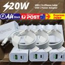USB Type C Fast Power Adapter 20W PD Cable Lot AU Block For iPhone 13 12 11 8 6