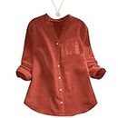 behound Linen Cotton Casual Loose Shirt - Womens Button Up Long Sleeve Tops Casual Loose Blouse with Pocket (Brick Red,L)