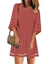 LookbookStore Women Casual Summer Crewneck Mesh Panel Lace Patchwork 3/4 Bell Crop Sleeve Loose A-line Tunic Dress Cranberry Size Large