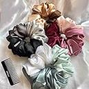 Atrube's Pack Of 4 Dual Tone Scrunchies Pink-Green Hair Accessories Silk Satin Scrunchies Combo of 4 Scrunchies Women Hair Ties Gifts For Girls Triple Tone Scrunchies Large fluffy scrunch with Free comb
