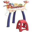 Qaba 2 in 1 Kids Piano Keyboard with Drum Set, 32-Key Electronic Musical Instrument with Multiple Sounds, Lights, Microphone, Stool, MP3, U-Disk, Auto-Hibernation Function for Girls & Boys