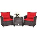 KOTEK 3 Piece Patio Furniture Set, Outdoor Conversation Set with Washable Cushions & Tempered Glass Tabletop, PE Rattan Wicker Bistro Set for Porch, Garden, Balcony (Red)