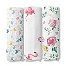 haus & kinder Nature Nexus Collection 100% Cotton Muslin Baby Swaddle Wrap For New Born, Size 100 Cm By 100 Cm - Pack Of 3 (Bird Flamingo, Happy Bloom, Elephant), White