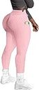 Memoryee Damen Honeycomb Leggings mit Taschen Slim Fit Hohe Taille Sporthose Lange Workout Kontrolle Gym Yogahosen/Leather Pink/XL