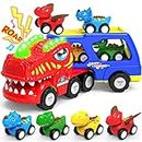 ENJSD Dinosaurier-LKW-Spielzeug ab 1 2 3 4 Jahren mit Brüllen Sound & Lichter, T-Rex Autotransporter Geschenke für Kinder Junge Mädchen Kleinkinder mit 4 Pull Back Dino Spielzeugautos