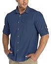 33,000ft Men's Long Sleeve Hiking Shirt Lightweight Quick Dry UPF50+ Button Shirts with Pockets Outdoor Shirts for Safari Walking Fishing Dark Blue XL