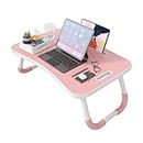 MONOMI Folding Lap Desk, 23.6 Inch Portable Wood Laptop Bed Desk Lap Desk with Cup Holder, for Working Reading Writing, Eating, Watching Movies for Bed Sofa Couch Floor (Pink)