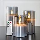 Eywamage Gray Glass Flameless Candles with Remote, Flickering LED Battery Candles 3 Pack for Home Seasonal Decor Gifts, D 3in H 4in 5in 6in