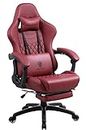Dowinx Gaming Chair Office Desk Chair with Massage Lumbar Support, Vintage Style Armchair PU Leather E-Sports Gamer Chairs with Retractable Footrest (Red)