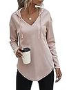 morhuduck Women's V Neck Hoodies Long Sleeve Sweatshirt Drawstring Pullover Tops with Pocket, Apricot, Medium