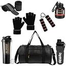 Premium Gym Accessories Combo Set for Men and Women Workout with Whey Bottle, Hand Gripper,Duffle Bag, Wrist Wrap, Hand Gloves Sipper/Shaker - All-in-One Fitness Gym Kit (Pack of 7) (Black)