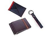 Wanderlust Mens Genuine Leather RFID Slim Money Clip with Business Card Pouch and Key Ring Holder Combo Pack - Brown Money Clip