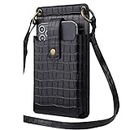 CHANROY ALL-IN-ONE Smartphone Crossbody Bag Crocodile Stripe with Card Slots,Zipper Bag Design, Makeup Mirror, Detachable strap (Black)