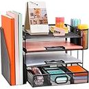 Desk Organizer with File Holder, 4-Tier Letter Paper Tray Organizer with Drawer & 2 Pen Holders, Desk Organizers and Accessories, Mesh Desktop File Organizer and Storage for Office Supplies