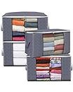 KALAHOL Large Capacity Clothes Storage Bags with Zips, 90L Foldable Clothing Storage Bags Organizer with Reinforced Handle Thick Fabric for Comforters, Clothes, Blankets, Bedding, 4 Pack, Dark Grey