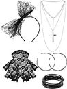 80s Fancy Dress Costume Accessories Lace Headband Earrings Fishnet Gloves Necklace Bracelet for 80s Retro Party (Black)