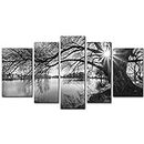 My Easy Art® 5 Pieces Modern Canvas Painting Wall Art The Picture For Home Decoration Black And White Tree Silhouette In Sunrise Time Lake Landscape Print On Canvas Giclee Artwork For Wall Decor