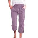 Womens Activewear Capri Pants Casual 2023 Summer Drawstring Elastic High Waist Linen Pant Straight Wide Leg Cropped Trouser