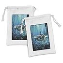 Ambesonne Fantasy Fabric Pouch Set of 2, Science Fiction Inspired Submarine Underwater Futuristic Digital Illustration, Small Drawstring Bag for Toiletries Masks and Favors, 9" x 6", Grey and Aqua