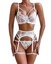 EVELIFE Women's Lingerie Set with Garter Belt 4 Piece Sexy Lace Bra and Panties Sets with Thigh Garter Naughty High Waisted Suspenders Underwear No Stockings (White,M)