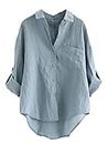 Minibee Women's Linen Blouse High Low Shirt Roll-Up Sleeve Tops, Blue, Large