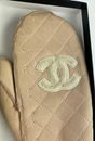 Chanel Real Leather Beige Quilted CC Logo Faux Shearling Mitten Gloves 861101