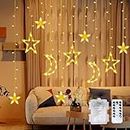 3.5m LED Star Curtain Lights, Battery Operated Star & Moon Christmas Window Lights, Fairy String Light with 8 Modes & Timer Function for Ramadan, Christmas, Wedding, Party, Terrace, Lawn (Warm White)