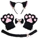 Cat Cosplay Costume Kitten Tail Ears Collar Paws Gloves Kit Anime Lolita Gothic Set for Halloween (Black)