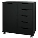Panana 5-Drawer Chest with 1 Door, Wooden Chest of Drawers Storage Dresser Cabinet with Wheels, Office Organization and Storage, Bedroom Furniture (Black)