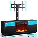 Rolanstar Fireplace TV Stand with Led Lights and Power Outlets, Entertainment Center with Electric Fireplace, Swivel TV Stand Mount for 45/55/60/65 inch TVs, Height Adjustable TV Console, Black