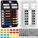 Fuse Block, 12v Fuse Box Holder with Led Indicator Waterproof Cover, Cyrico 12 Circuits Fuse Panel with Negative Bus for 12V/24V Automotive Car Truck Boat Marine Rv Trailer, 24 Pcs Blade Fuses