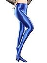 Mufeng Women's Oily Shiny Opaque Pantyhose High Waisted Footed Leggings Tights Gym Yoga Pants Blue XL
