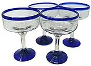 Mexican Hand Blown Glass - Set of 4 Hand Blown Margarita Glasses - Cobalt Blue Rim (16 oz)